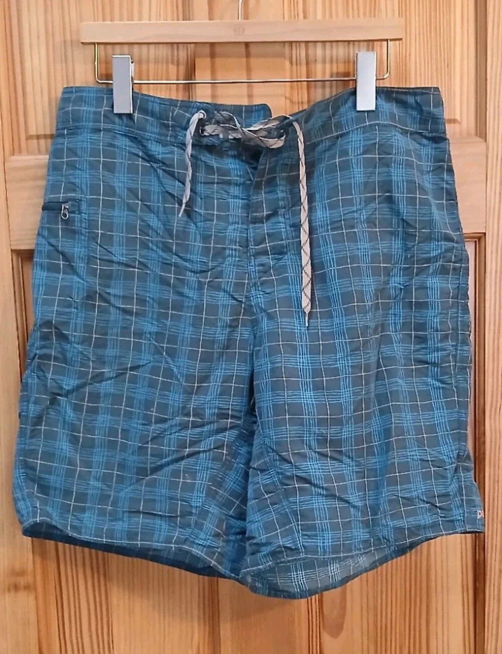 Patagonia Swim Trunks Mens 35 Blue Plaid Regular-Fit Lace-Up 100% Nylon Beach